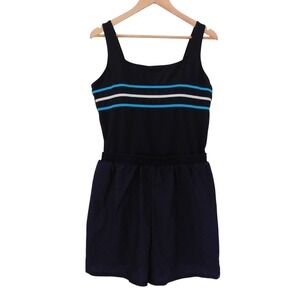 LL Bean Womens Swimsuit‎ One Pc Built-in Shorts 20 Blue Striped Modest